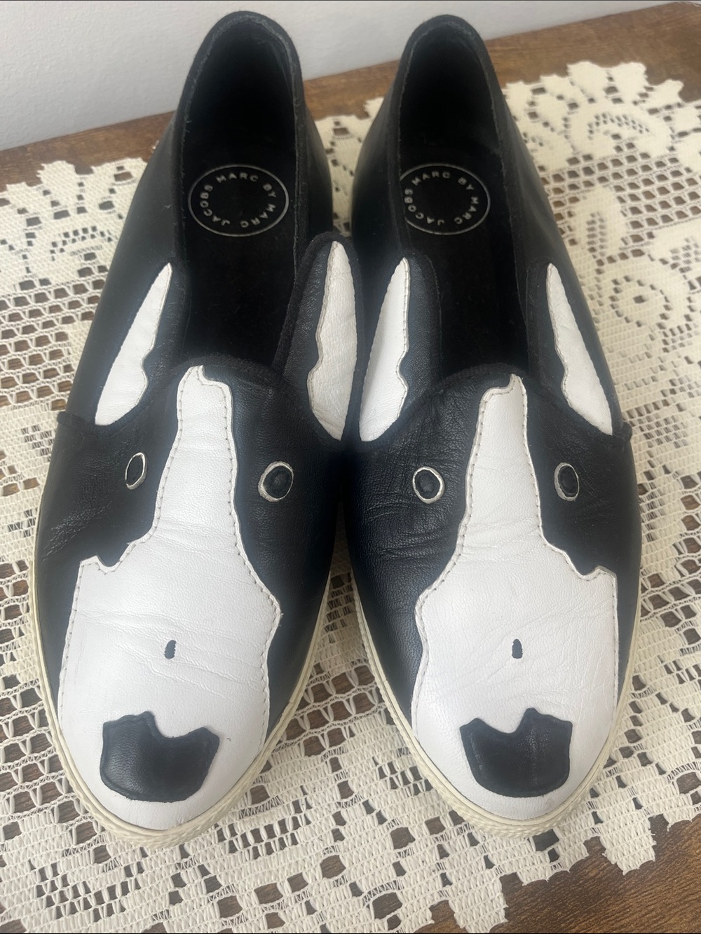 Marc Jacobs Black and White Leather Slip-On Loafers with Dog Motif